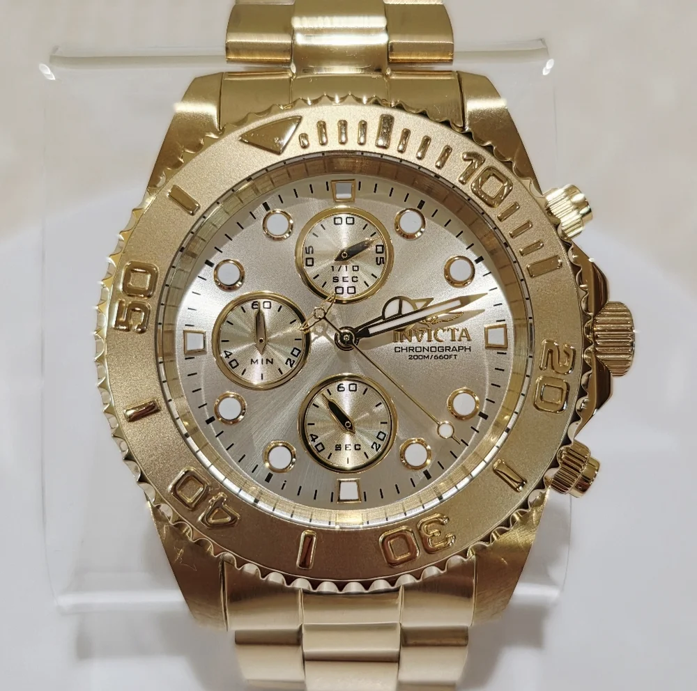 Invicta Pro Diver Chronograph Gold Men's Watch #1774 Large MSRP $695 Running
